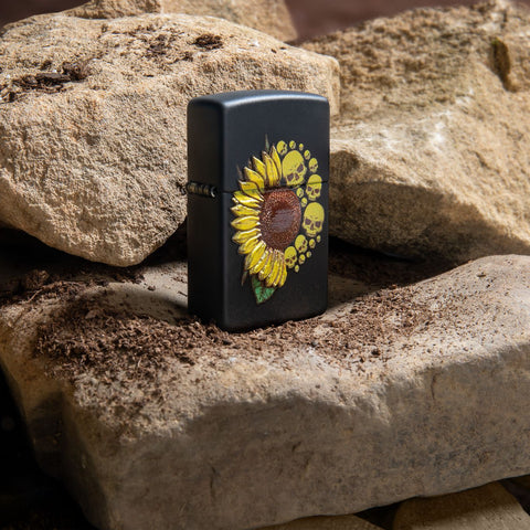 Lifestyle image of Sunflower Design Texture Print Black Matte Windproof Lighter