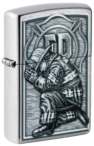 Front shot of Firefighter Design Street Chrome™ Windproof Lighter standing at a 3/4 angle.
