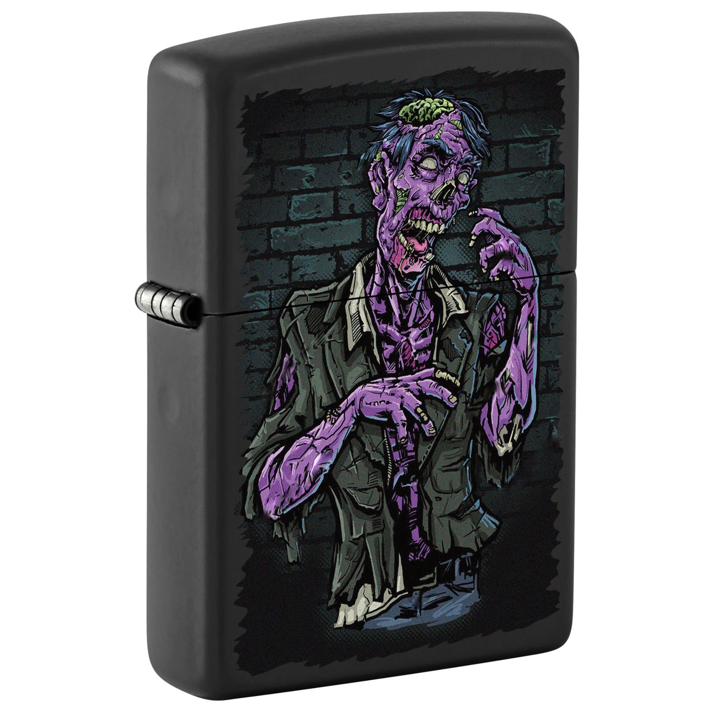 Front shot of Zombie Design Windproof Lighter standing at a 3/4 angle.