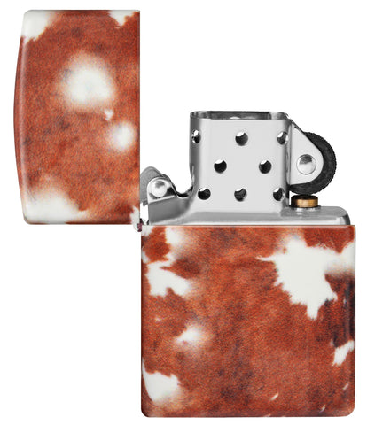 Cow Print Design 540 Color Windproof Lighter with its lid open and unlit.