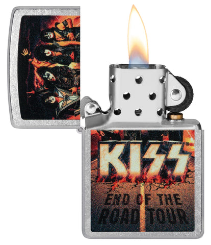 KISS Design End of the Road Tour Street Chrome™ Windproof Lighter with its lid open and lit.