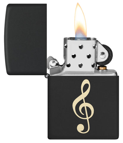 Zippo Muscial Note Windproof Lighter with its lid open and lit.