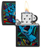 Santa Cruz Screaming Hand Black Light Black Matte Windproof Lighter with its lid open and lit.