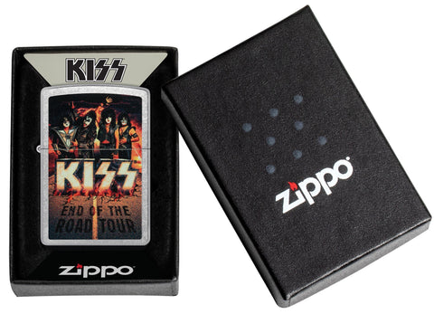 KISS Design End of the Road Tour Street Chrome™ Windproof Lighter in it's packaging.