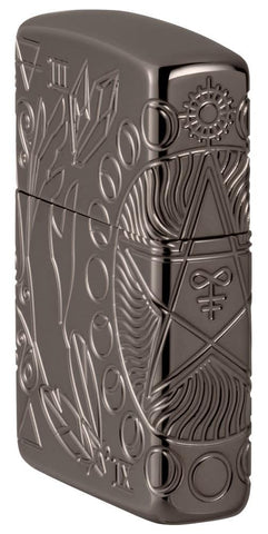 Wicca Design Armor® Black Ice® Windproof Lighter standing at an angle, showing the front and right side of the lighter.