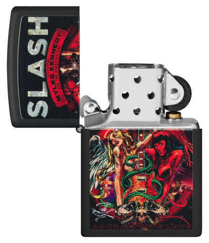 Slash Design Black Matte Windproof Lighter with its lid open and unlit.
