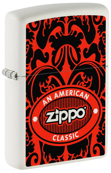 Front shot of Zippo American Classic Windproof Lighter standing at a 3/4 angle.