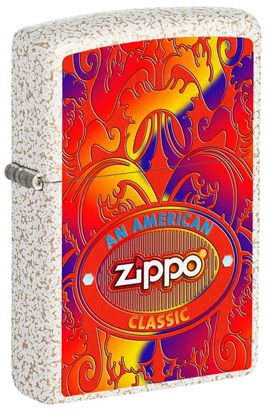 Front shot of Zippo American Classic Windproof Lighter standing at a 3/4 angle.