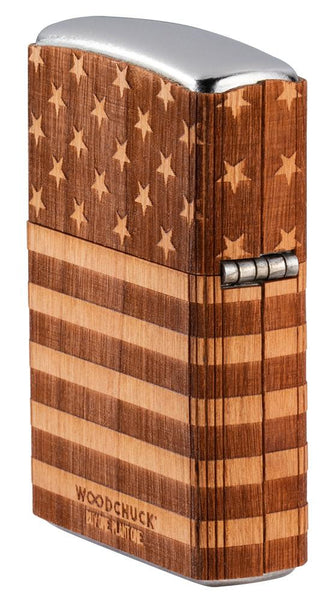 Angled shot of WOODCHUCK USA American Flag Wrap Windproof Lighter showing the back and hinge side of the lighter