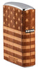Angled shot of WOODCHUCK USA American Flag Wrap Windproof Lighter showing the back and hinge side of the lighter