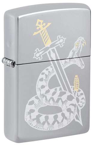Front shot of Zippo Snake Sword Tattoo Design Windproof Lighter standing at a 3/4 angle.
