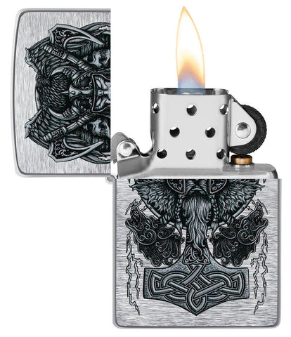 Viking Design Brushed Chrome Windproof Lighter with its lid open and lit.