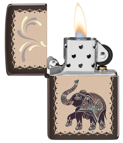 Lucky Elephant Design Windproof Pocket Lighter with its lid open and lit.