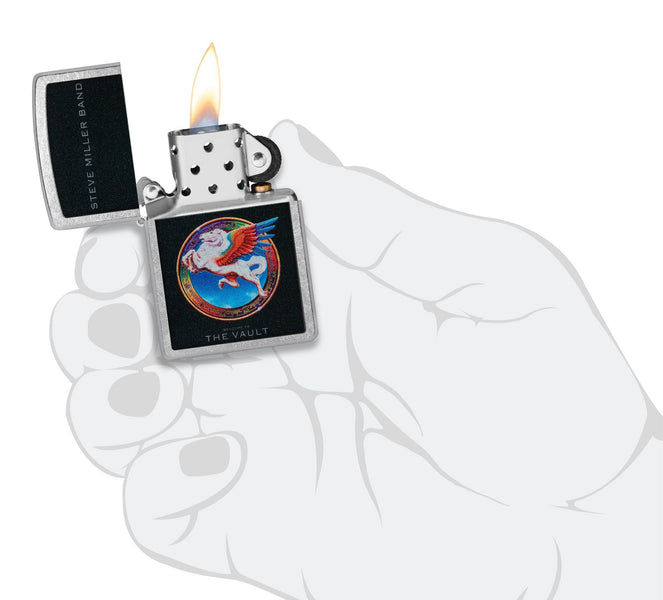 Steve Miller Band Welcome to the Vault Design Street Chrome™ Windproof Lighter lit in hand.