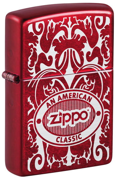 Front shot of Zippo American Classic Windproof Lighter standing at a 3/4 angle.