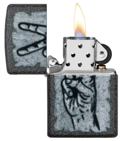 Graffiti Peace Design Iron Stone Windproof Lighter with its lid open and lit