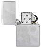 Skull Design Auto Engraved Satin Chrome Windproof Lighter with its lid open and unlit.