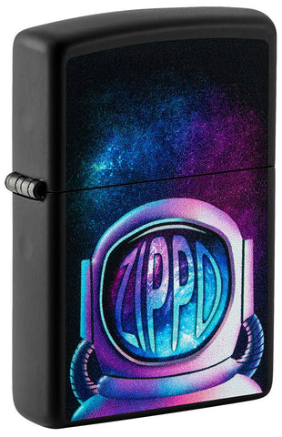 Front shot of Zippo Astronaut Design Black Matte Windproof Lighter standing at a 3/4 angle.