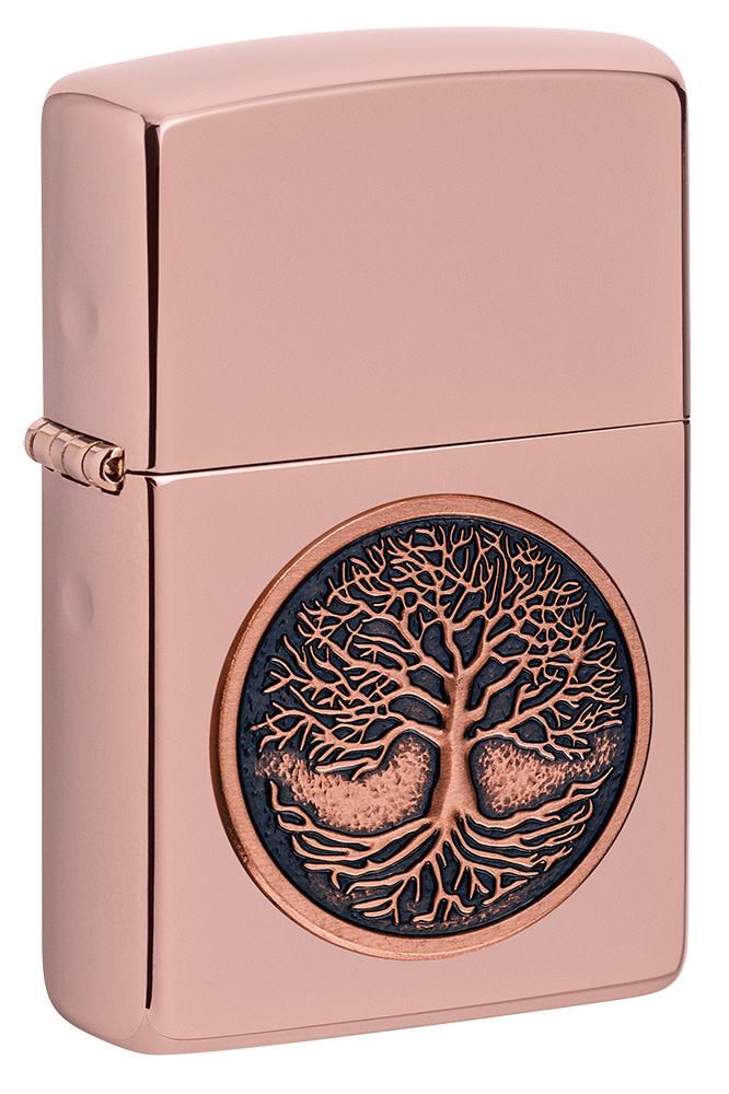 Front view of Tree of Life Emblem High Polish Rose Gold Windproof Lighter standing at a 3/4 angle.