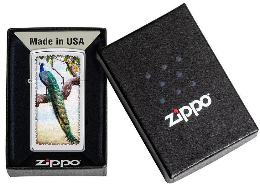 Slim Peacock Design Windproof Pocket Lighter in its packaging.