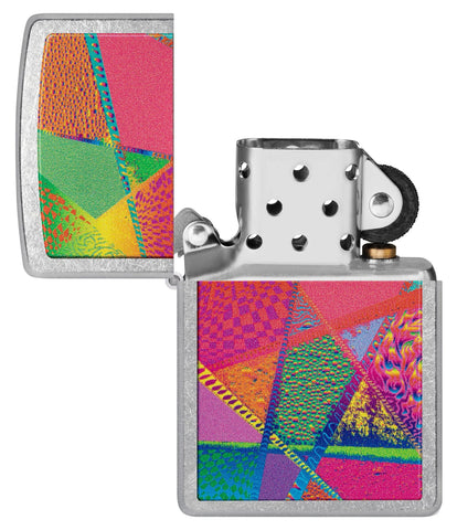 Zippo Retro Pattern Design Windproof Lighter with its lid open and unlit.