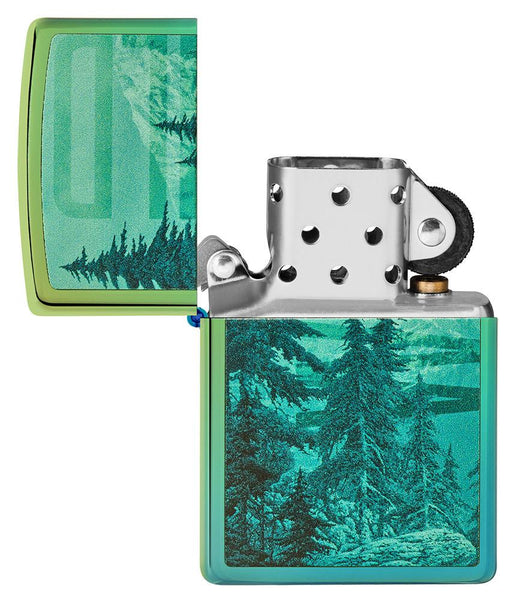 Mountain Design High Polish Teal Windproof Lighter with its lid open and unlit