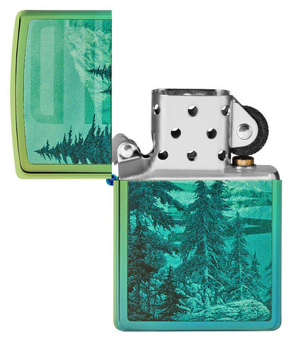 Mountain Design High Polish Teal Windproof Lighter with its lid open and unlit