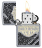 Harley-Davidson® Bar & Shield Asphalt Street Chrome™ Windproof Lighter with its lid open and lit.