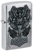 Front shot of Viking Design Brushed Chrome Windproof Lighter standing at a 3/4 angle.