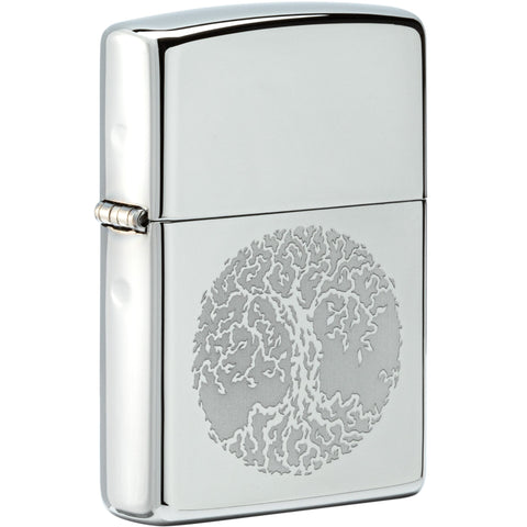Front shot of Tree of Life Design High Polish Windproof Lighter standing at a 3/4 angle.