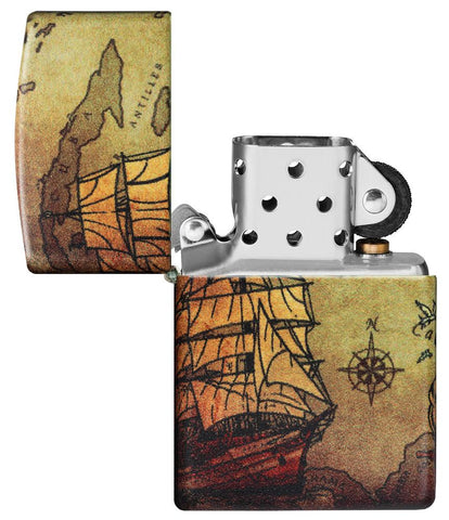 Pirate Ship Design 540 Color Windproof Lighter with its lid open and unlit