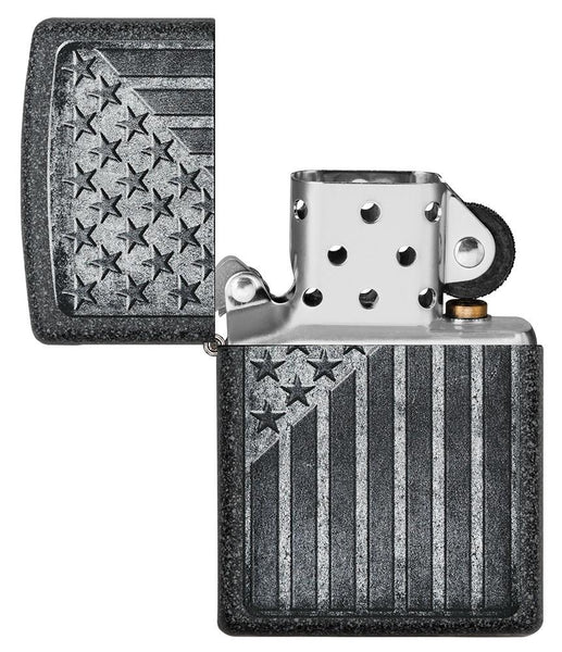 Stars and Stripes Design Iron Stone Windproof Lighter with its lid open and unlit.