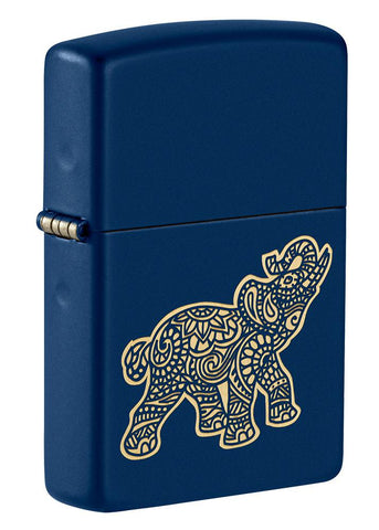 Front shot of Lucky Elephant Design Navy Matte Windproof Lighter standing at a 3/4 angle.