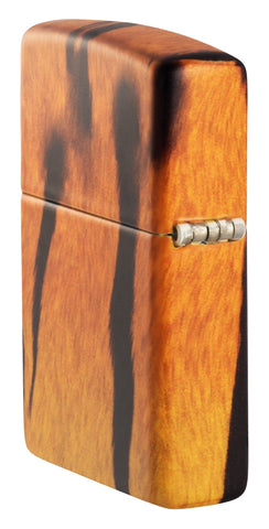 Angled shot of Tiger Print Designs 540 Color Windproof Lighter, showing the back and hinge side of the lighter.