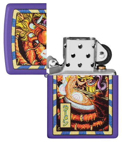 Ramen Dragon Design Purple Matte Windproof Lighter with its lid open and unlit.