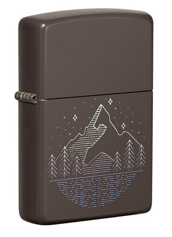 Front shot of Mountain Design Brown Windproof Lighter standing at a 3/4 angle.