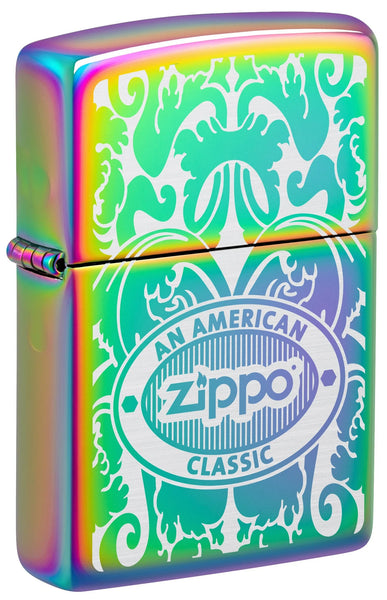 Front shot of Zippo American Classic Windproof Lighter standing at a 3/4 angle.