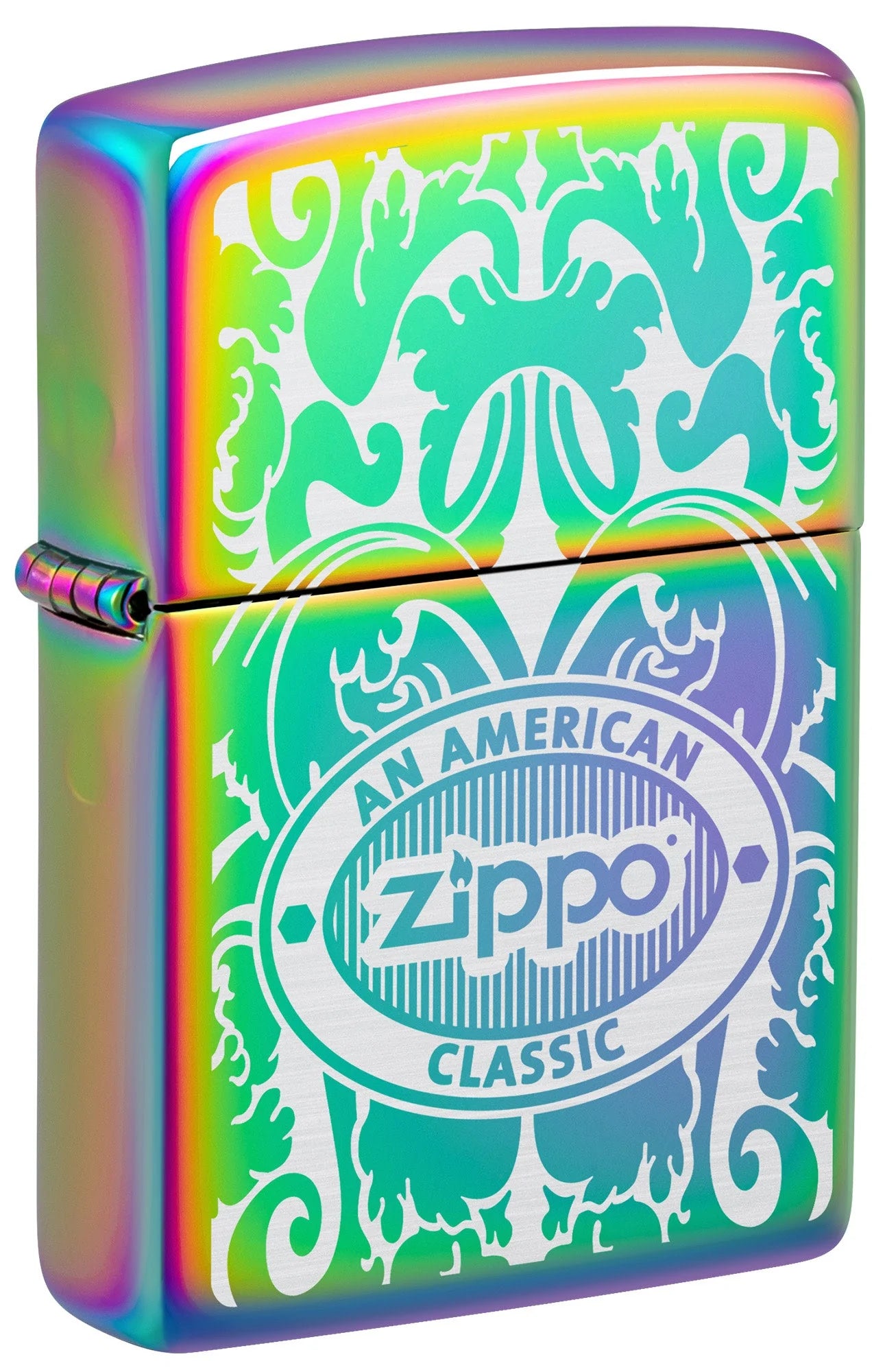 Front shot of Zippo American Classic Windproof Lighter standing at a 3/4 angle.