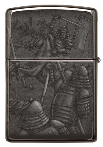 Angled shot of Knight Fight Design High Polish Black Windproof Lighter showing the front and right side of the lighter