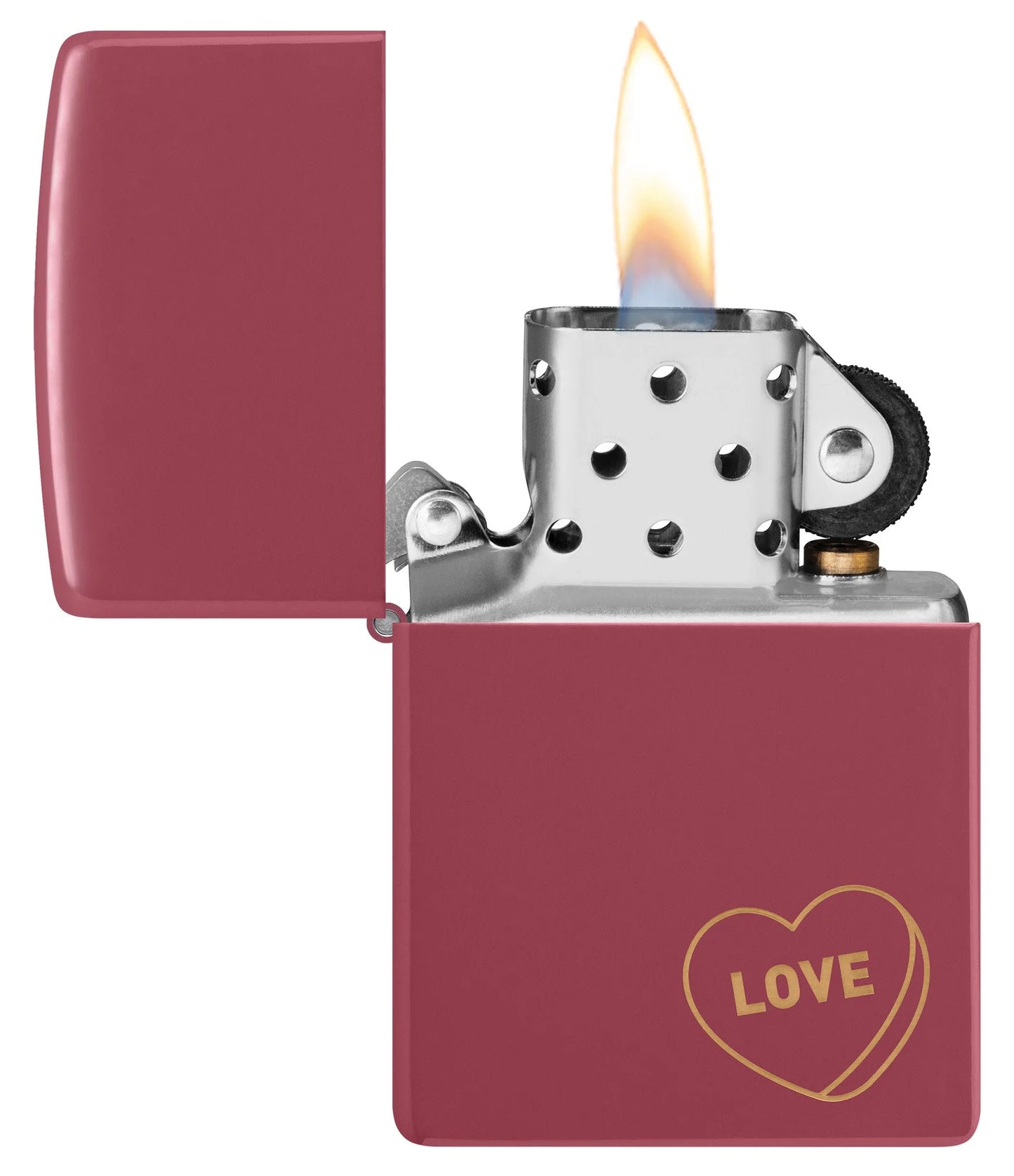 Zippo Love Design Windproof Lighter with its lid open and lit.