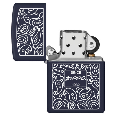 Paisley Design Windproof Lighter with its lid open and unlit.